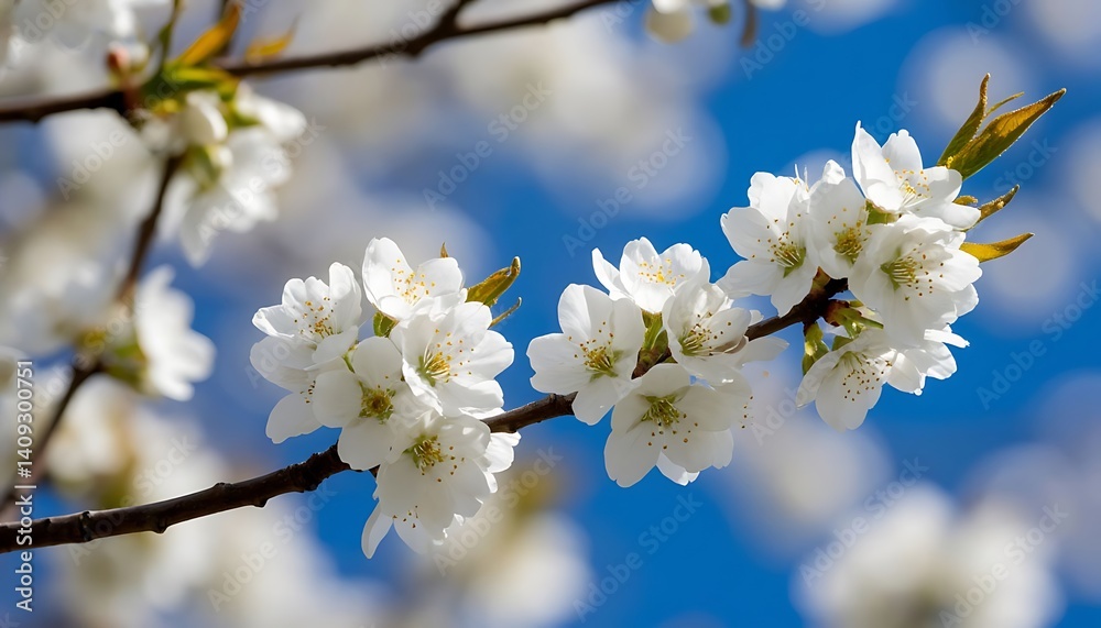 Close-up of blossoming white cherry flowers against a vibrant blue sky, showcasing the beauty of nature Close-up of blossoming white cherry flowers against a vibrant blue sky, showcasing the beauty of nature