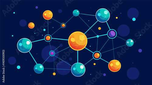 A network of interconnected bubbles with glowing edges showcasing the interconnectedness and data processing capabilities of quantum computing.. Vector illustration