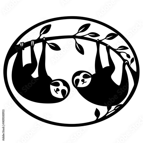 Two Adorable Sloths Hanging Upside Down from a Branch in a Circular Design