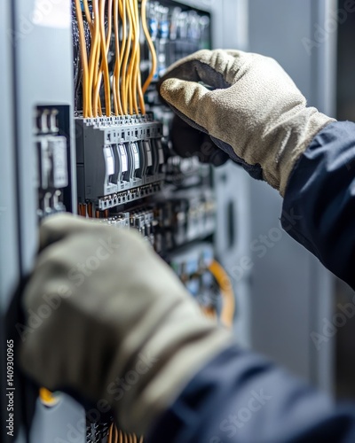 Technician installing electrical components inside a control panel. Featuring accuracy and expertise