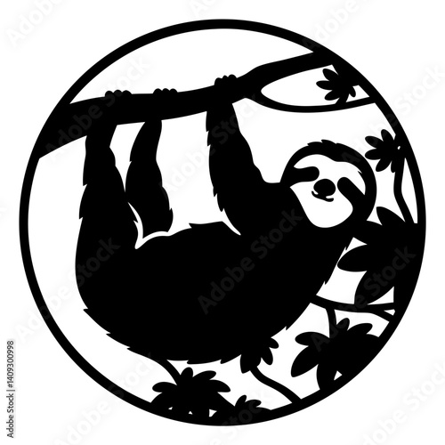 Silhouette of a Sloth Hanging from a Tree Branch in a Circular Design Tropical Rainforest Animal Wildlife