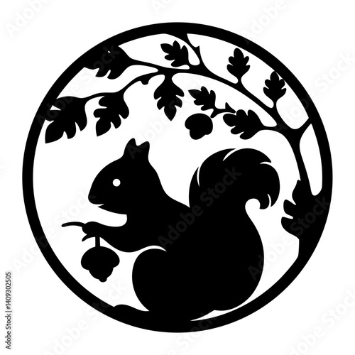 Silhouette of a Squirrel Gathering Acorns in a Circular Frame with Oak Tree Branches