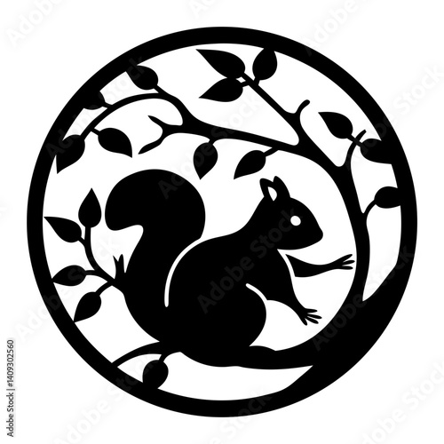 A Black and White Illustration of a Squirrel Sitting on a Tree Branch Inside a Circle
