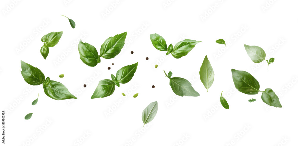 Collection of fresh herb leaves. thymeand basil Spices- herbs on a white table. PNG Food background design element with transparent shadow on transparent background. Collection of fresh herb leaves. thymeand basil Spices- herbs on a white table. PNG Food background design element with transparent shadow on transparent background.