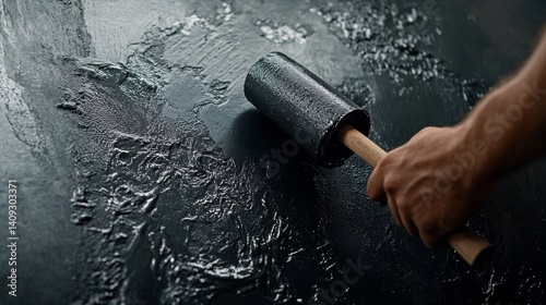 Waterproofing technician sealing foundation walls with protective coating. Featuring durability and precision