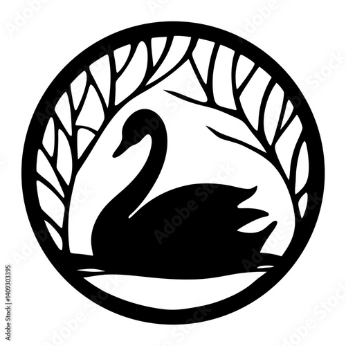 Elegant Black Swan Silhouette in Circular Art Deco Frame with Branch Design