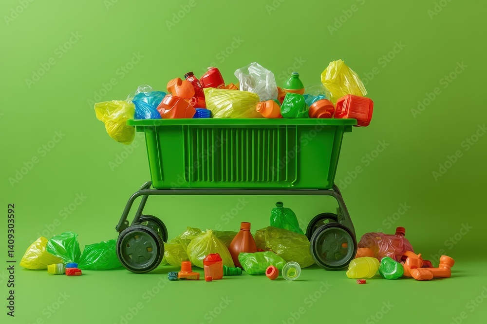 Obraz premium Colorful plastic waste overflowing a small green cart.