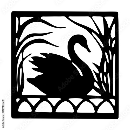 Black Swan in a Decorative Frame Art Deco Style Vintage Illustration