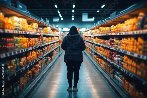 Obese Woman in Grocery Store Aisle