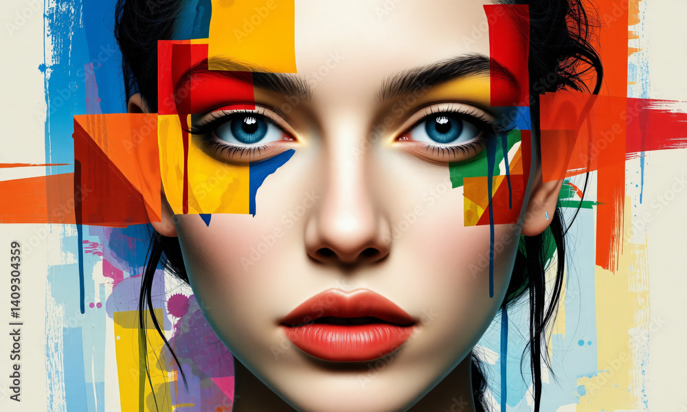 Obraz premium An abstract portrait of a person with fragmented geometric shapes and bold colors blending into the face