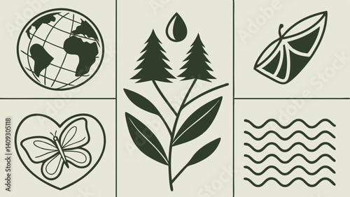 Earth Day Eco Symbols Green planet trees water butterfly minimalist art design in olive green tones