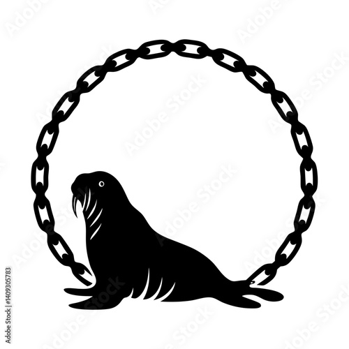 Silhouette of a Walrus Inside a Circular Chain Link Frame Artistic Vector Illustration