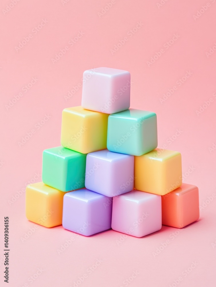 Pastel Cubes Stacked in Pyramid Formation on Pink Background Minimalist Composition Studio Shot Pastel Cubes Stacked in Pyramid Formation on Pink Background Minimalist Composition Studio Shot
