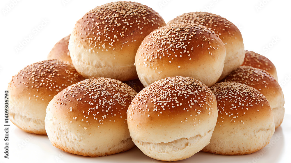 Golden Brown Sesame Seed Bread Rolls on White Background
