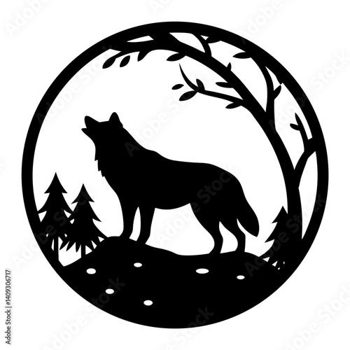 Silhouette of a howling wolf under a tree in a circular design