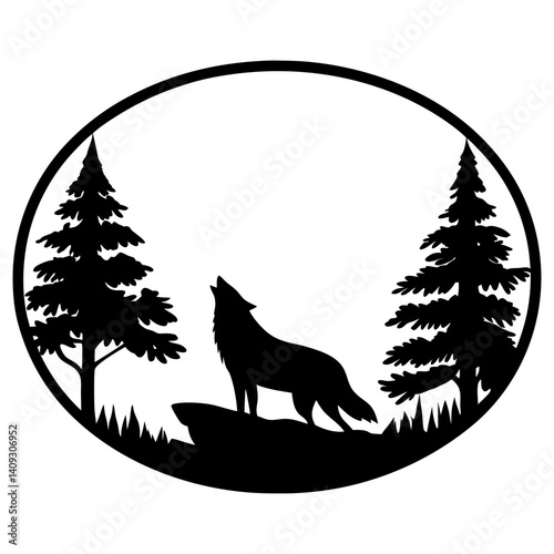 Majestic Wolf Silhouette in a Circular Forest Scene with Pine Trees