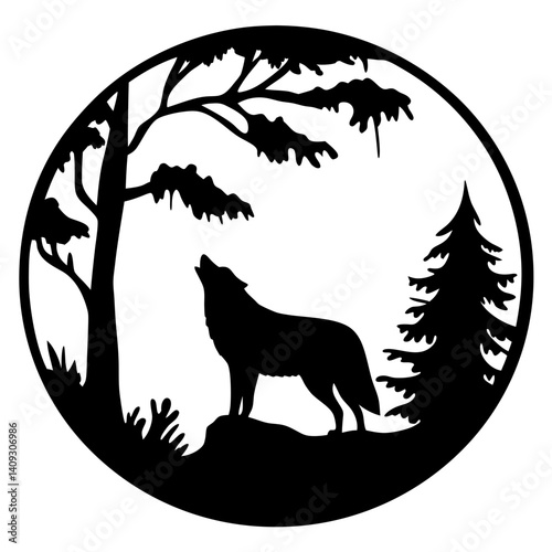 Silhouette of a Howling Wolf in a Circular Forest Scene with Trees and Bushes