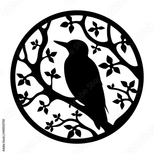 Elegant Black Woodpecker Silhouette in Circular Floral Branch Design