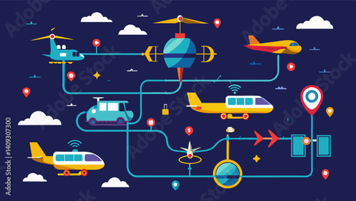 A virtual simulation showing the complex algorithms that determine the most efficient routes for air taxis to take.. Vector illustration