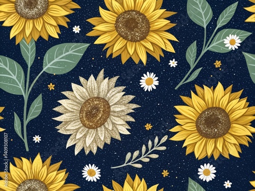 A captivating seamless pattern featuring vibrant yellow sunflowers with a subtle glitter effect, complemented by delicate white daisies and sprigs of greenery on a navy blue background speckled with t