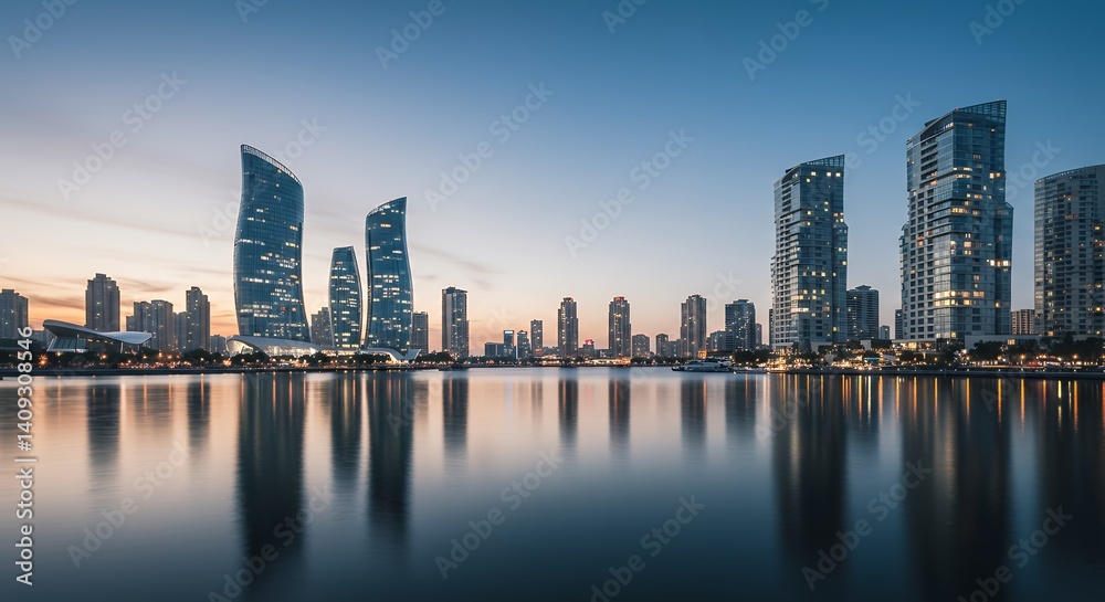 Obraz premium City skyline panorama at dawn modern architecture urban landscape