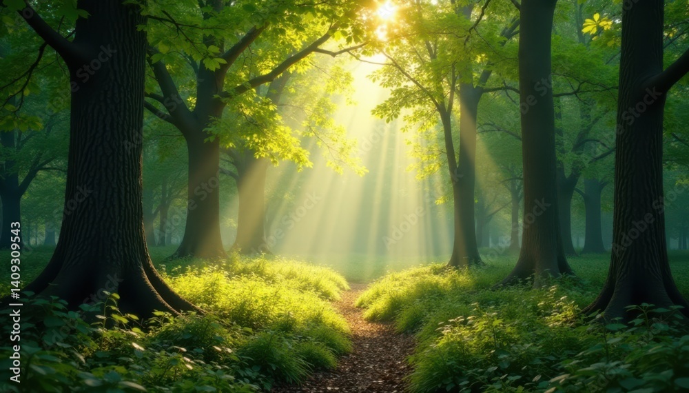 Fototapeta premium Sunlight filters through forest canopy, casting dappled light on forest floor, rays, greenery