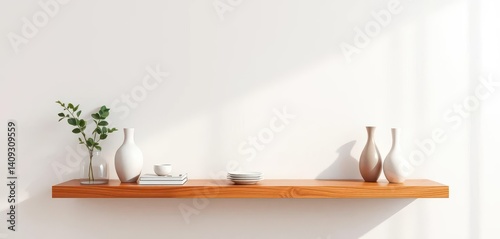 Sleek wood floating shelf styled with minimalist decor, soft lighting enhances its chic appeal, texture, lifestyle
