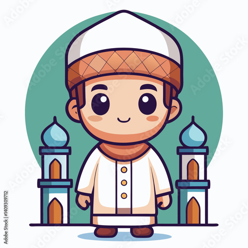 Cute Muslim Boy in Front of Mosques