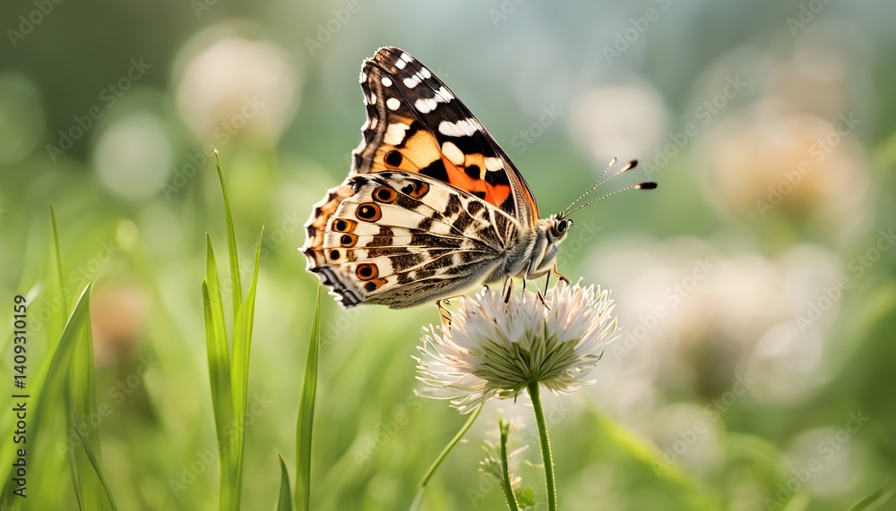 Fototapeta premium Painted lady butterflies flying above green grass