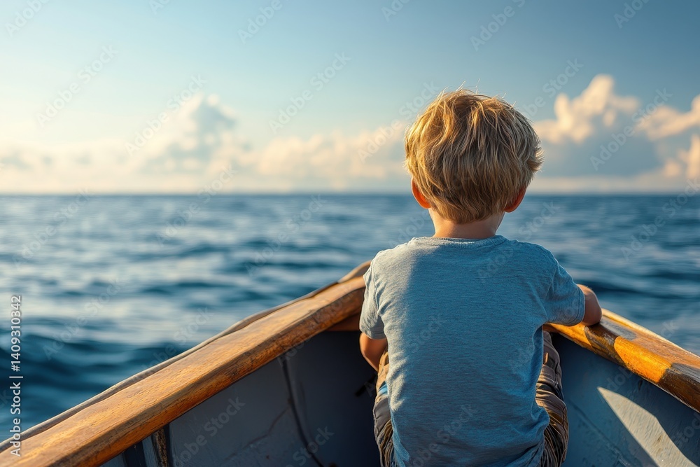 Fototapeta premium Boat Travel. Caucasian Elementary Boy Kneeling on the Back of Boat, Looking at Sea