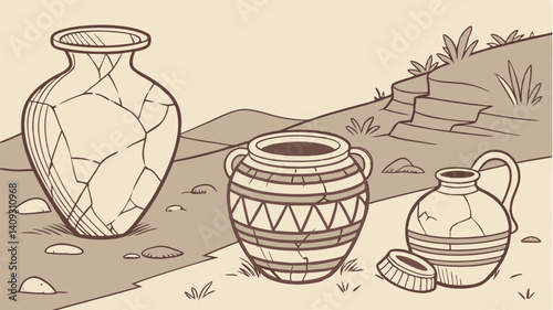 Ancient Greek pottery shards discovered hinting at a lost civilization sepia tones simple line art