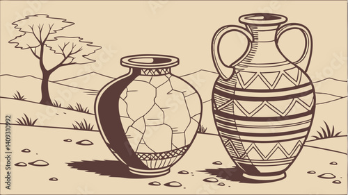 Ancient Greek amphora and broken jar in sepia tones a desert landscape background illustrating