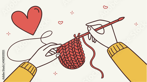 Loving hands knit a warm red heart a symbol of handmade love and care simple line art style with