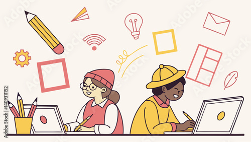 Two kids collaborate on creative project using laptops and pencils surrounded by colorful design