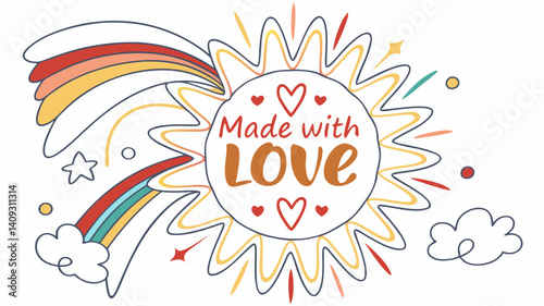 A cheerful rainbow sunburst proclaims Made with Love radiating joy and warmth featuring playful hand