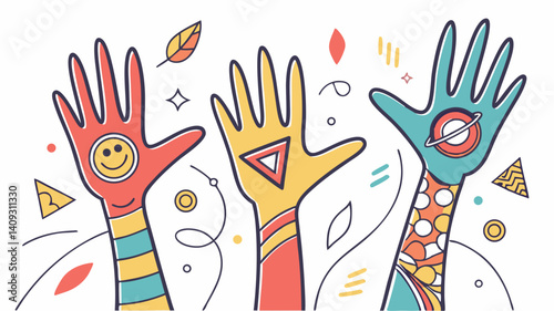 Uplifting illustration of three joyful hands reaching up celebrating unity and friendship with