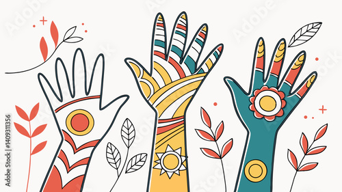 Colorful hands raised in unity celebrating diversity and global connection vibrant art style simple