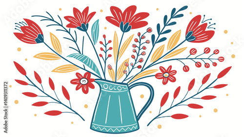 Vibrant floral bouquet in a teal pitcher a cheerful summer illustration with hand drawn style and