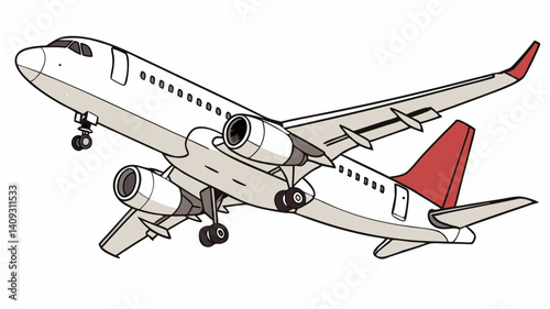 Airplane landing approach detailed illustration white red plane detailed view air travel journey
