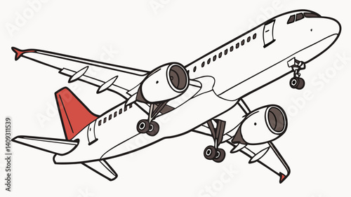 Airplane landing illustration sleek design red tail detailed engines white body perfect for travel