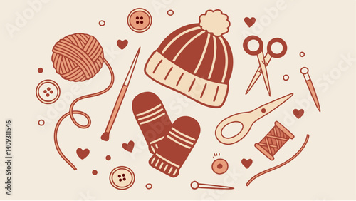 Cozy winter crafting yarn needles mittens hat scissors buttons thread warm colors simple style