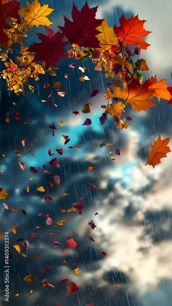 Colorful autumn leaves swirling in the wind against a dramatic cloudy sky, evoking seasonal change Colorful autumn leaves swirling in the wind against a dramatic cloudy sky, evoking seasonal change