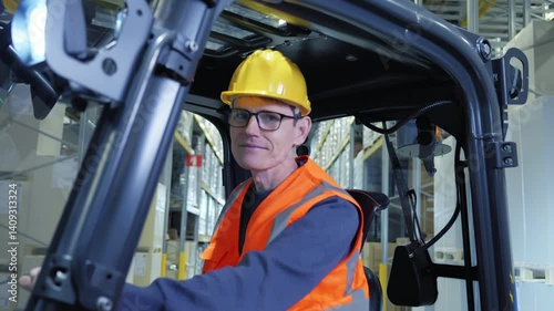 A man in an orange vest and yellow hard hat operates a forklift in a warehouse, highlighting the importance of safety and precision in logistics operations.