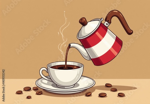 Coffee Pot Pouring Coffee into Cup and Saucer with Coffee Beans