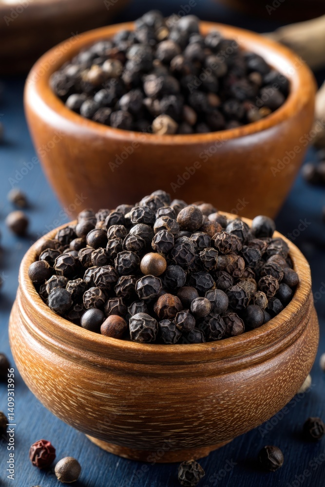 Close up of aromatic black peppercorns in wooden bowls on a blue surface culinary spice ingredient Close up of aromatic black peppercorns in wooden bowls on a blue surface culinary spice ingredient