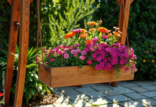 Sunlit wooden box planter swing laden with vibrant flowers and lush greenery, peaceful, colorful