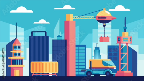 A the towering buildings and cranes of a futuristic construction site an eVTOL transports heavy equipment with ease.. Vector illustration