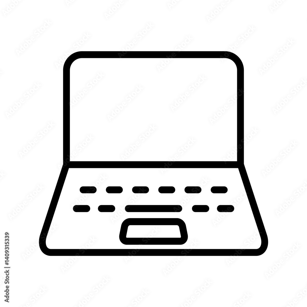 Minimalist black and white line icon of a laptop, featuring a clean and simple silhouette with a rectangular screen and keyboard base. Minimalist black and white line icon of a laptop, featuring a clean and simple silhouette with a rectangular screen and keyboard base.