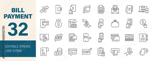Bill Payment icon set. Finance related line icons: money, receipt, invoice, document, atm, cash, coins in hand, credit card, wallet and more. Editable stroke. Vector illustration.