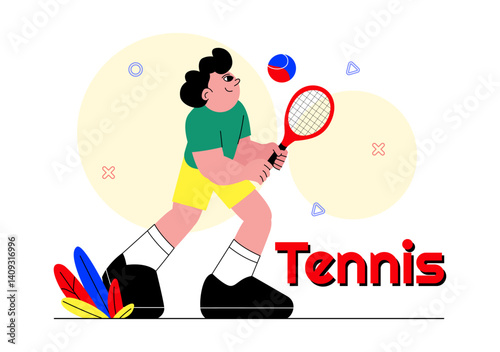 Vector illustration of a Tennis Player Holding a Racket with a Ball on the Court during a Sports Match in a Flat Cartoon Style Background